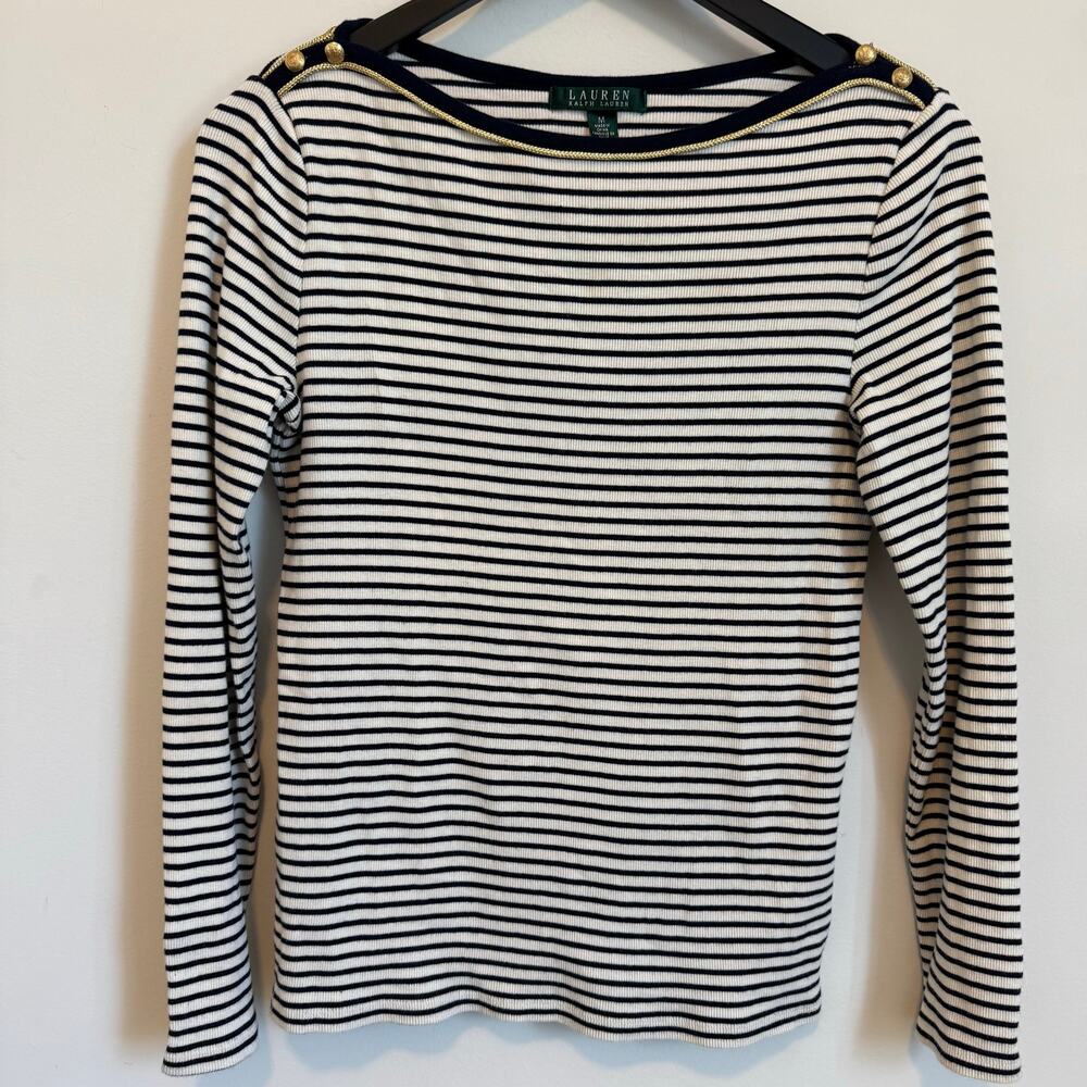 Lauren Ralph Lauren Nautical navy stripped boatneck blouse gold buttons size Med
